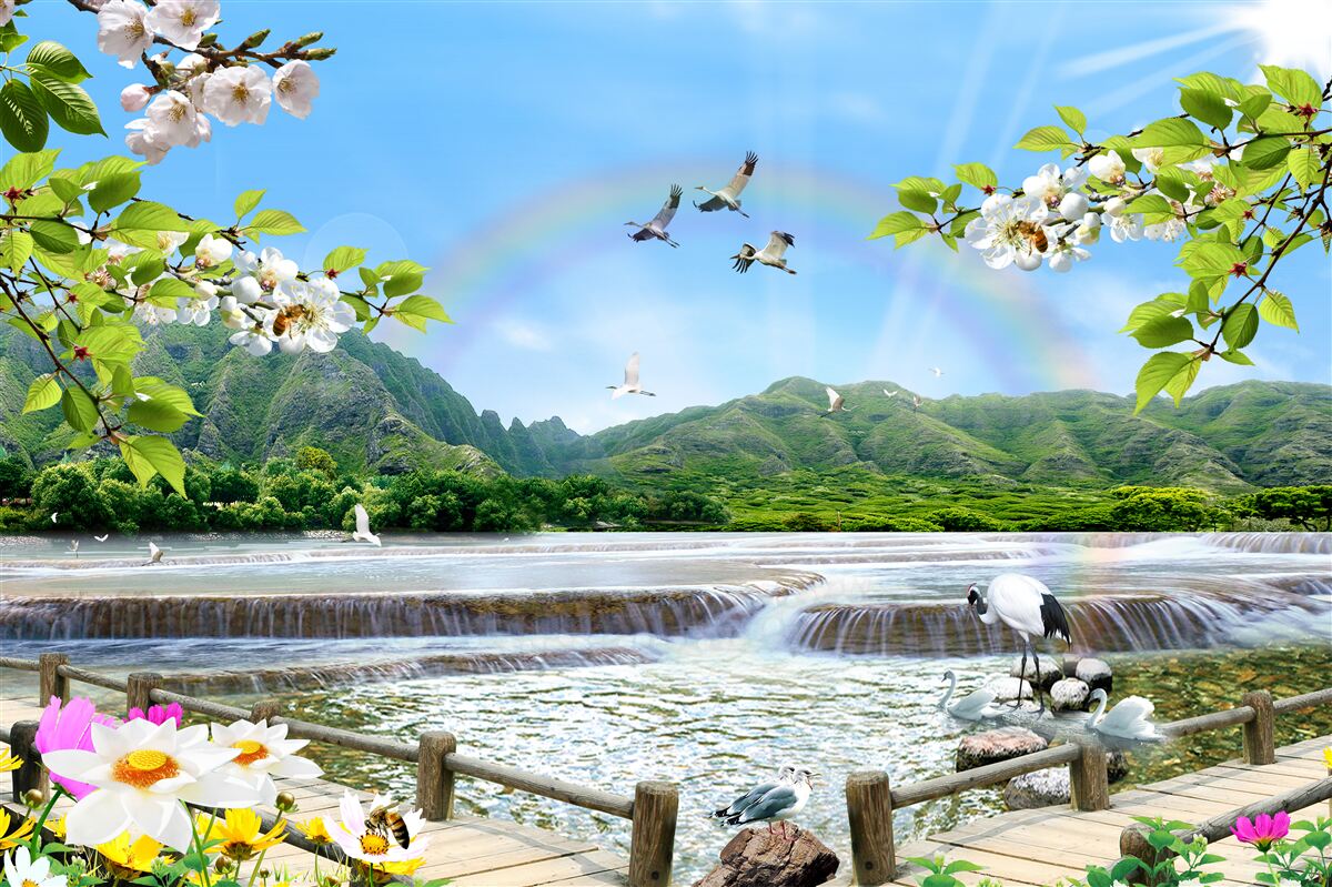 Фотошпалери лісовий водоспад та озеро під різнокольоровою веселкою