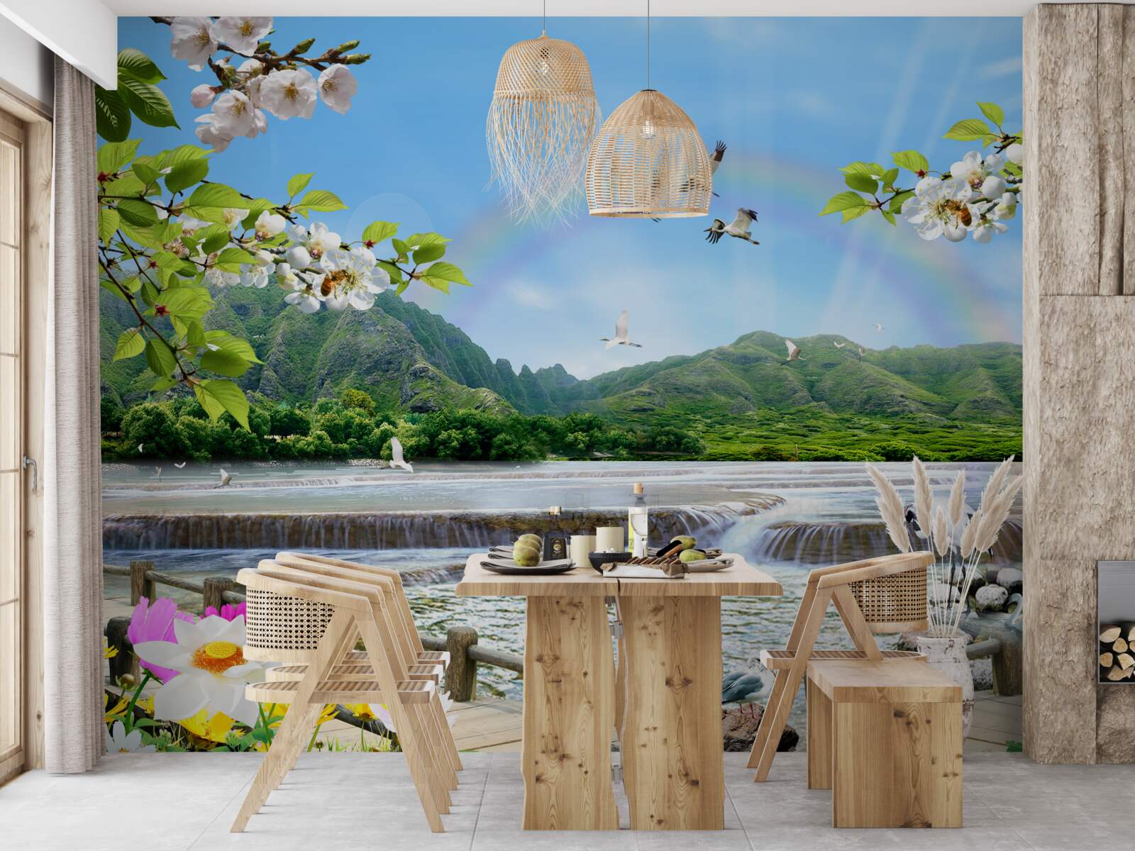 Фотошпалери лісовий водоспад та озеро під різнокольоровою веселкою