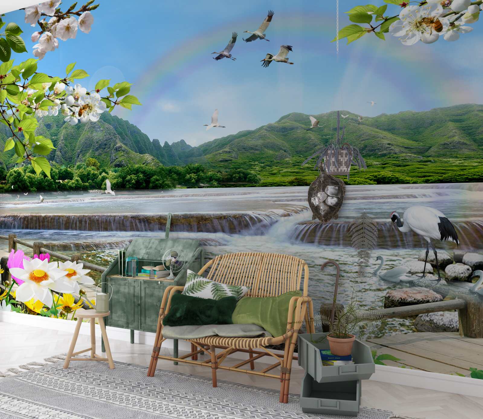 Фотошпалери лісовий водоспад та озеро під різнокольоровою веселкою