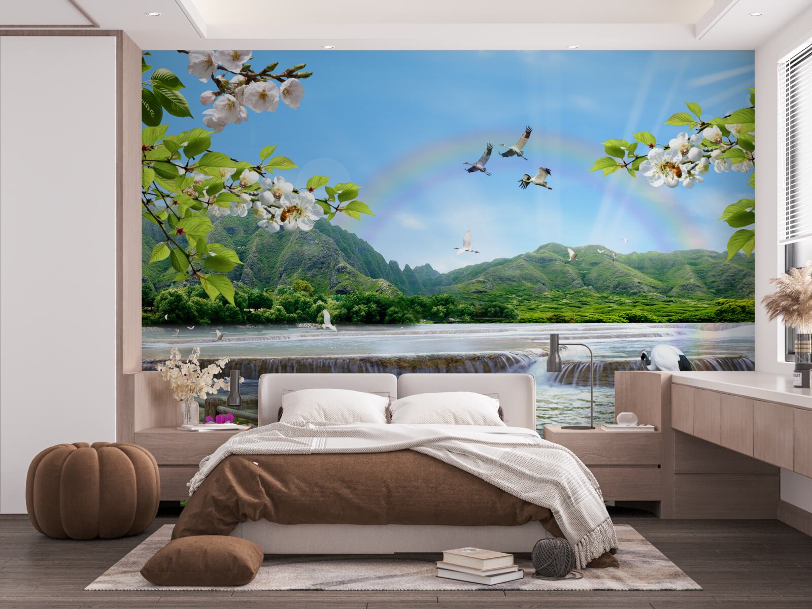 Фотошпалери лісовий водоспад та озеро під різнокольоровою веселкою