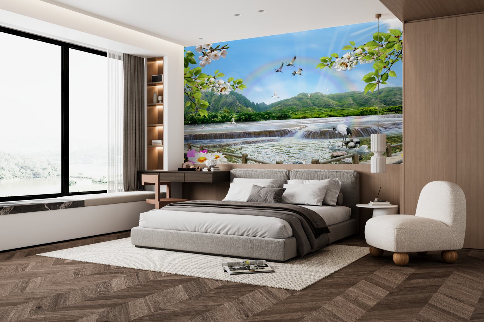 Фотошпалери лісовий водоспад та озеро під різнокольоровою веселкою