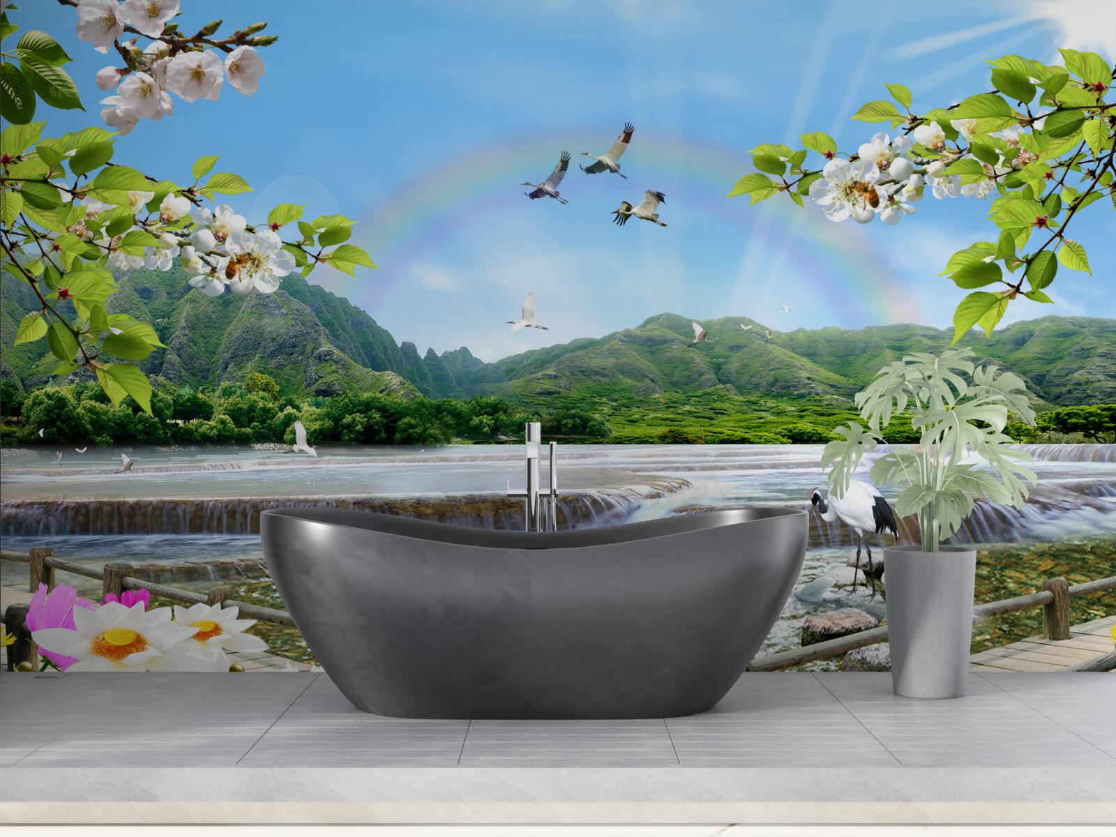 Фотошпалери лісовий водоспад та озеро під різнокольоровою веселкою