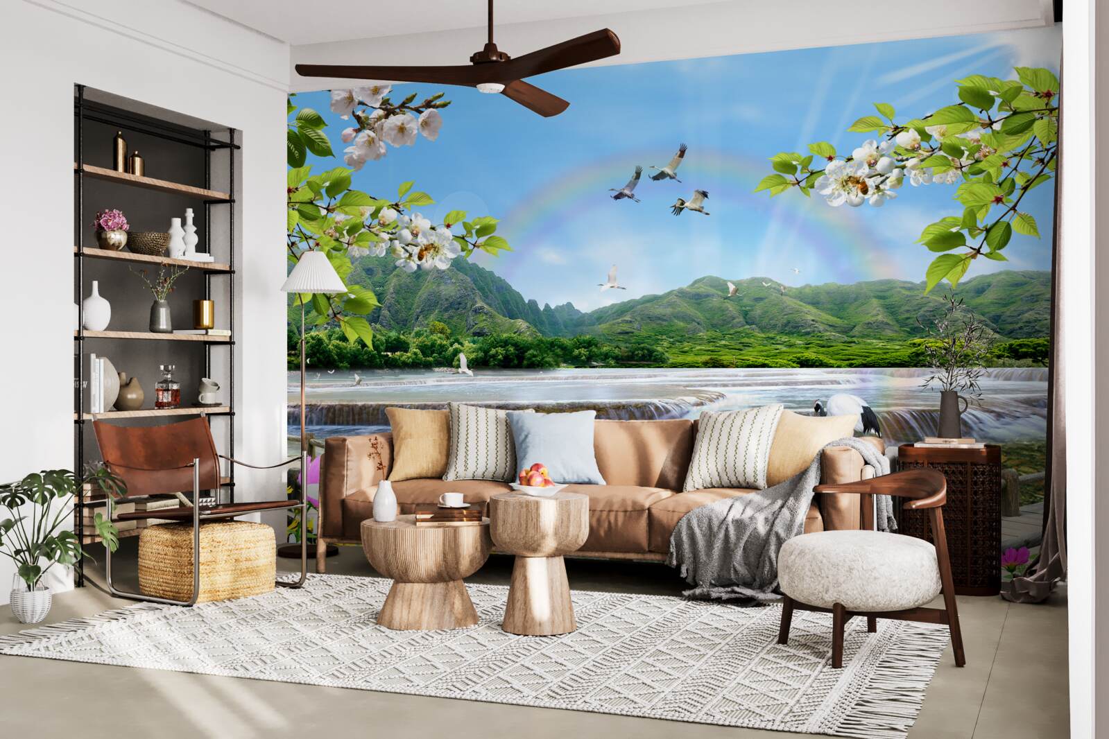 Фотошпалери лісовий водоспад та озеро під різнокольоровою веселкою