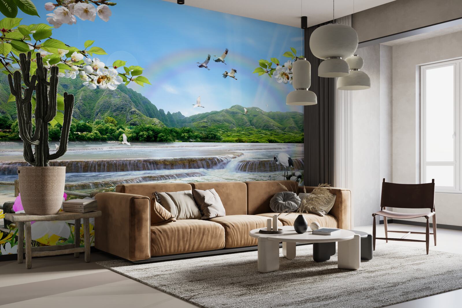 Фотошпалери лісовий водоспад та озеро під різнокольоровою веселкою