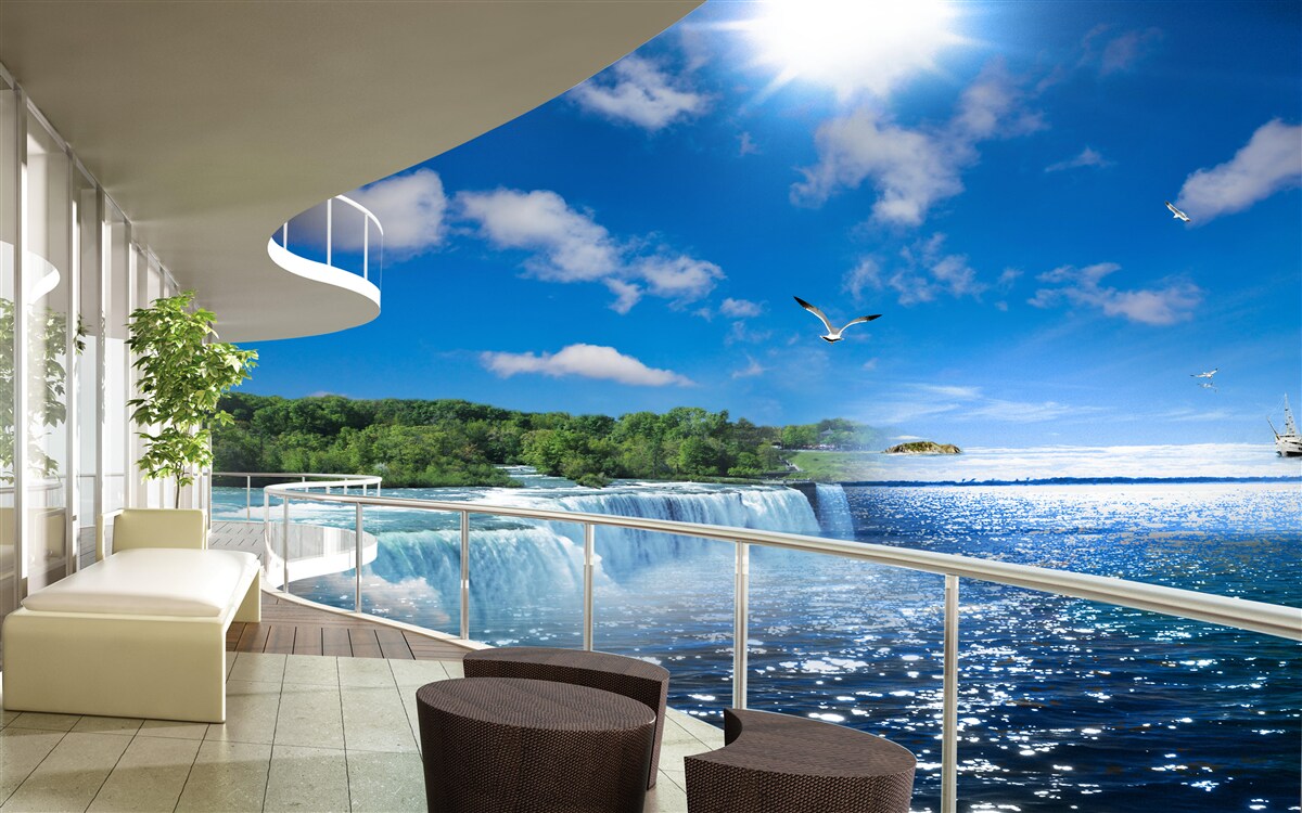 Фотошпалери балкон біля величезного водоспаду