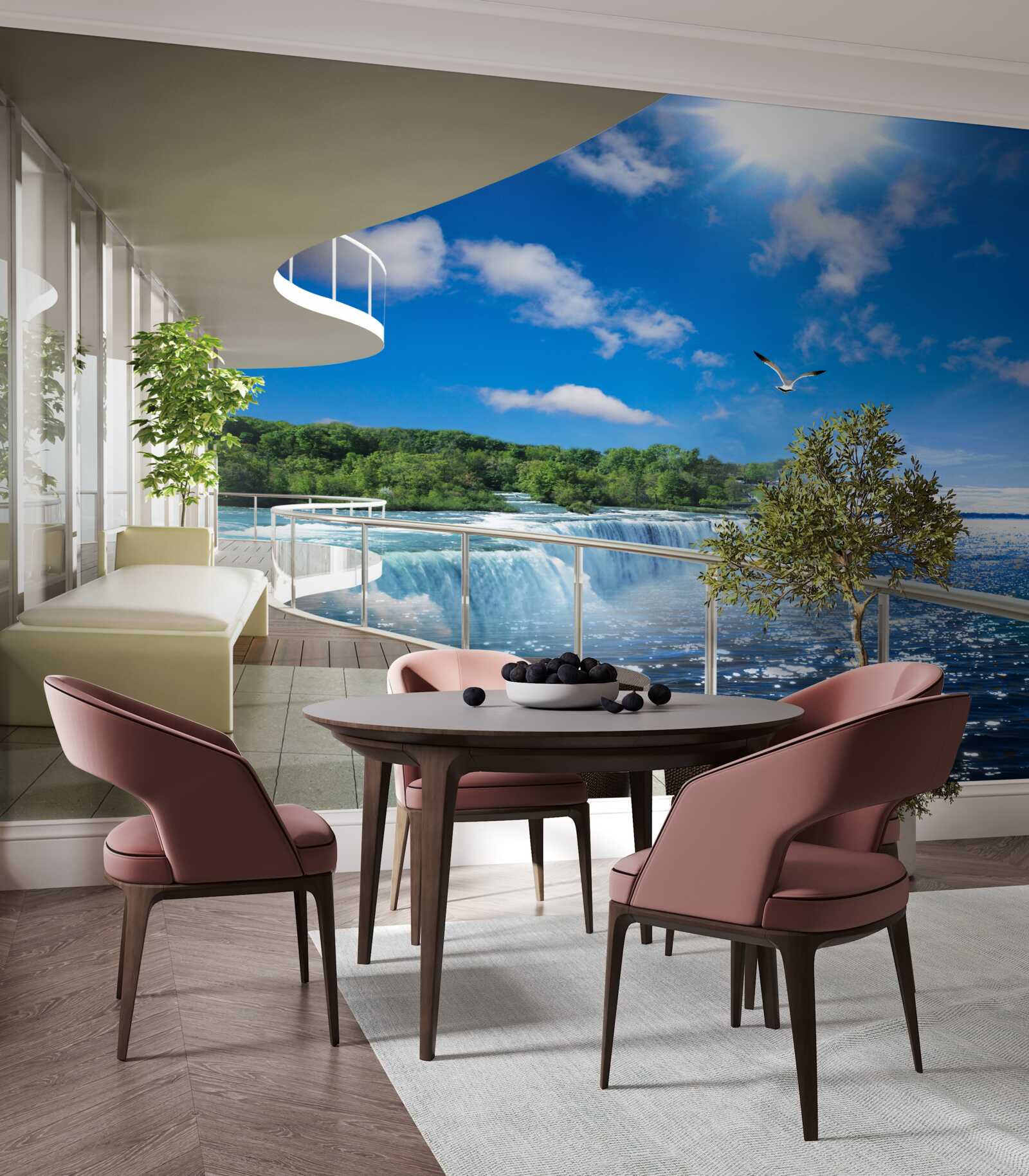 Фотошпалери балкон біля величезного водоспаду