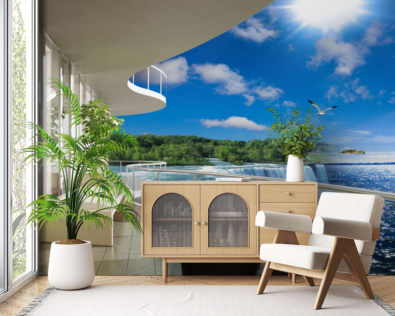 Фотошпалери балкон біля величезного водоспаду