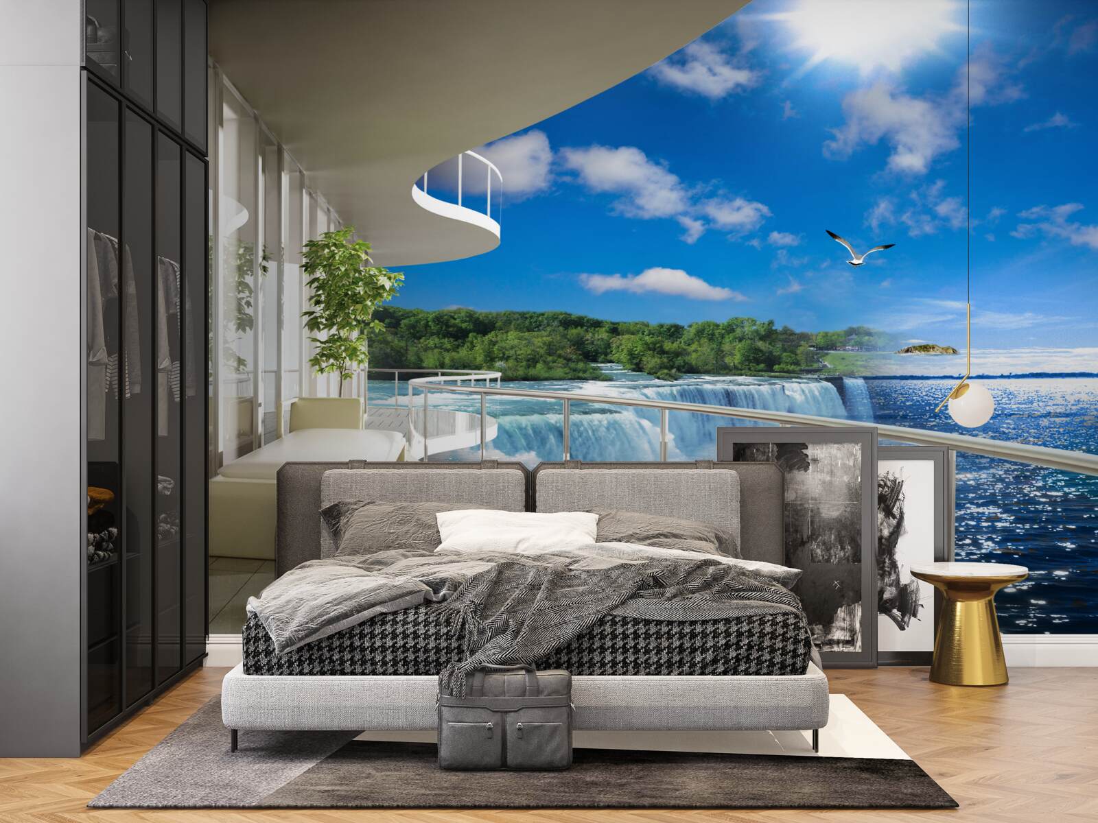 Фотошпалери балкон біля величезного водоспаду