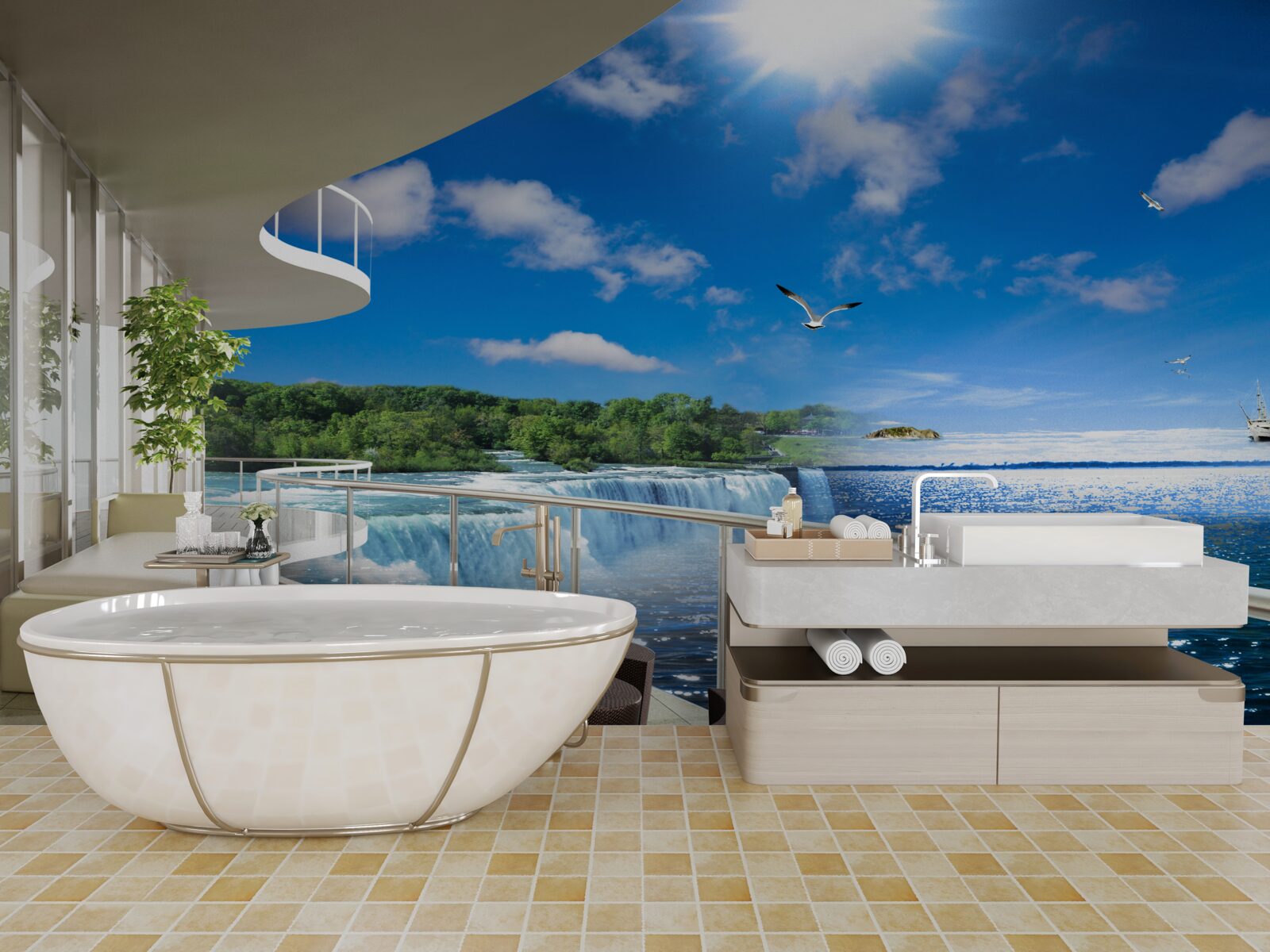 Фотошпалери балкон біля величезного водоспаду