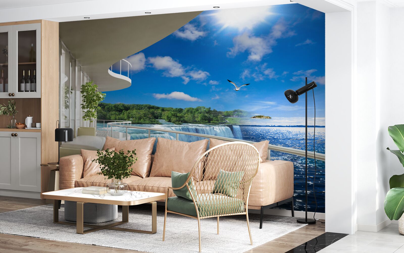 Фотошпалери балкон біля величезного водоспаду