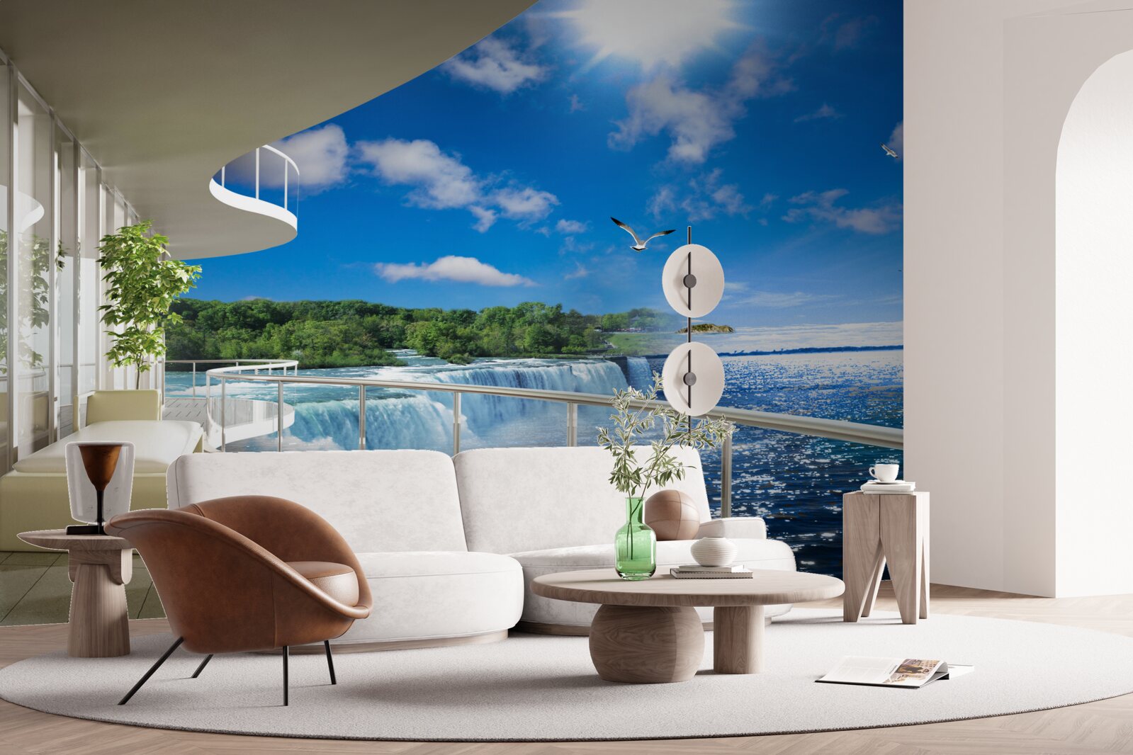 Фотошпалери балкон біля величезного водоспаду