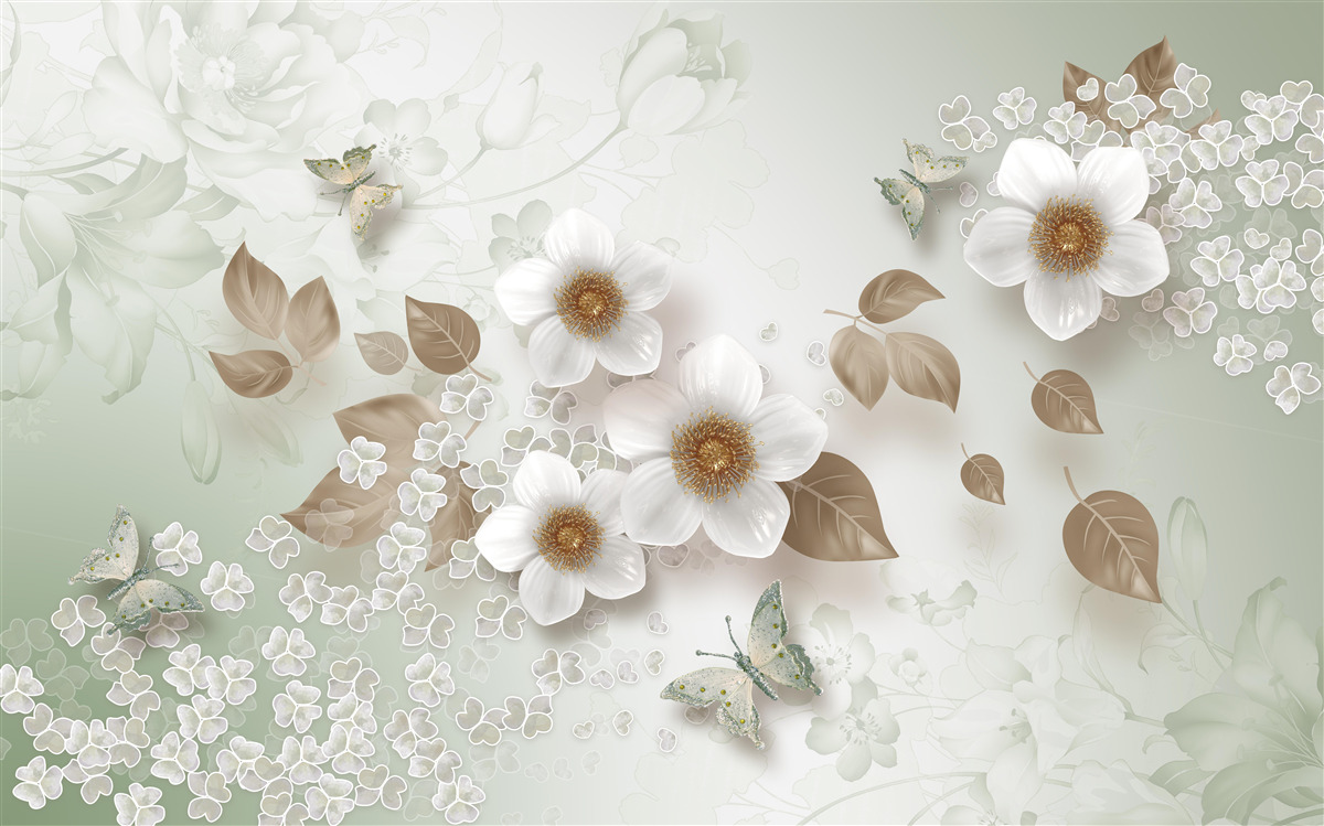 Фотошпалери білі квіти з великими бутонами та метеликами