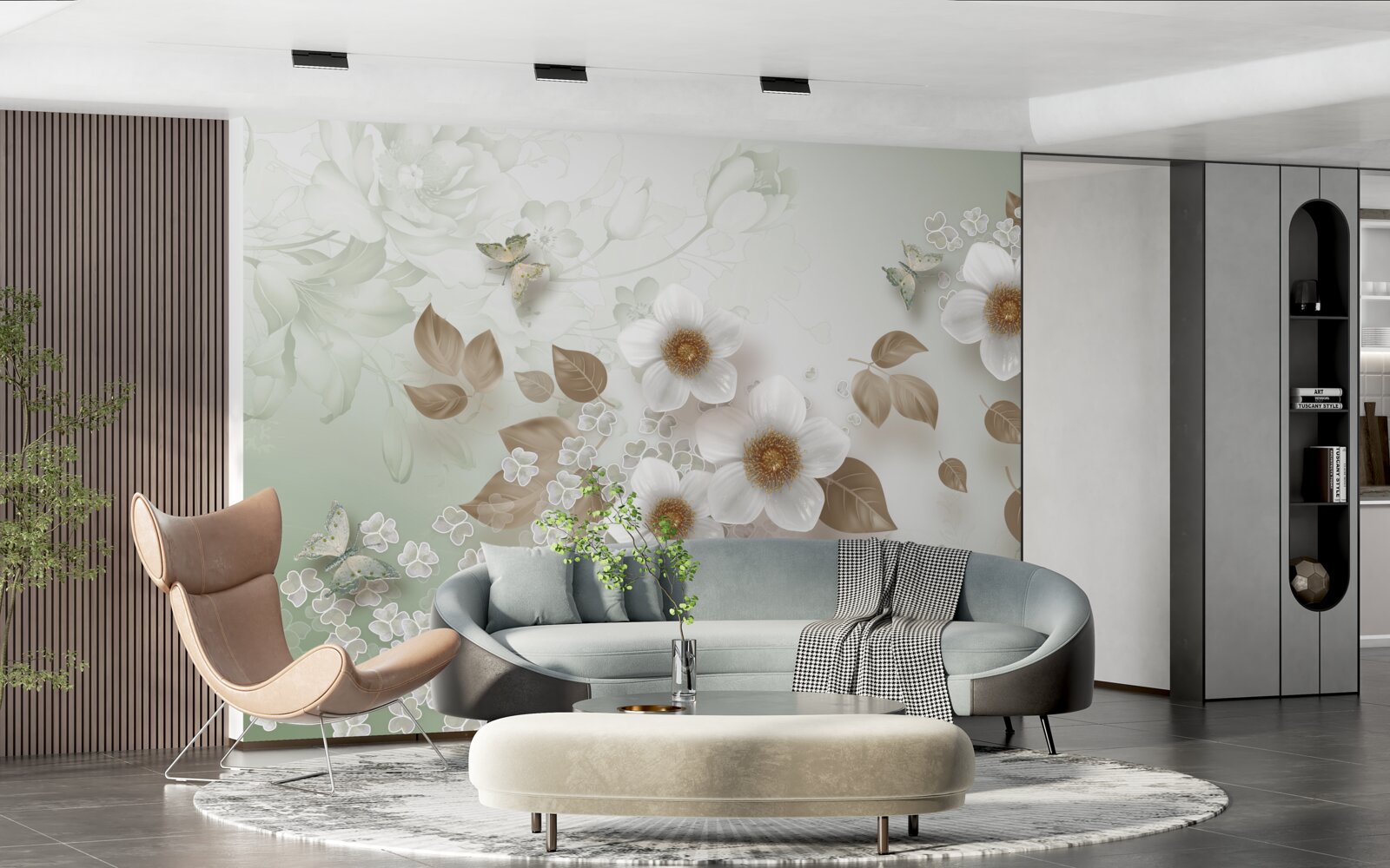 Фотошпалери білі квіти з великими бутонами та метеликами