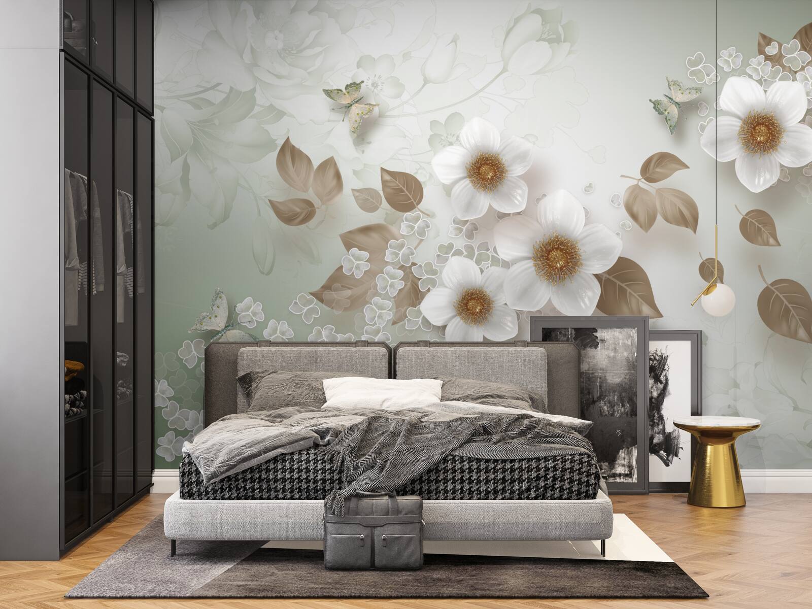 Фотошпалери білі квіти з великими бутонами та метеликами