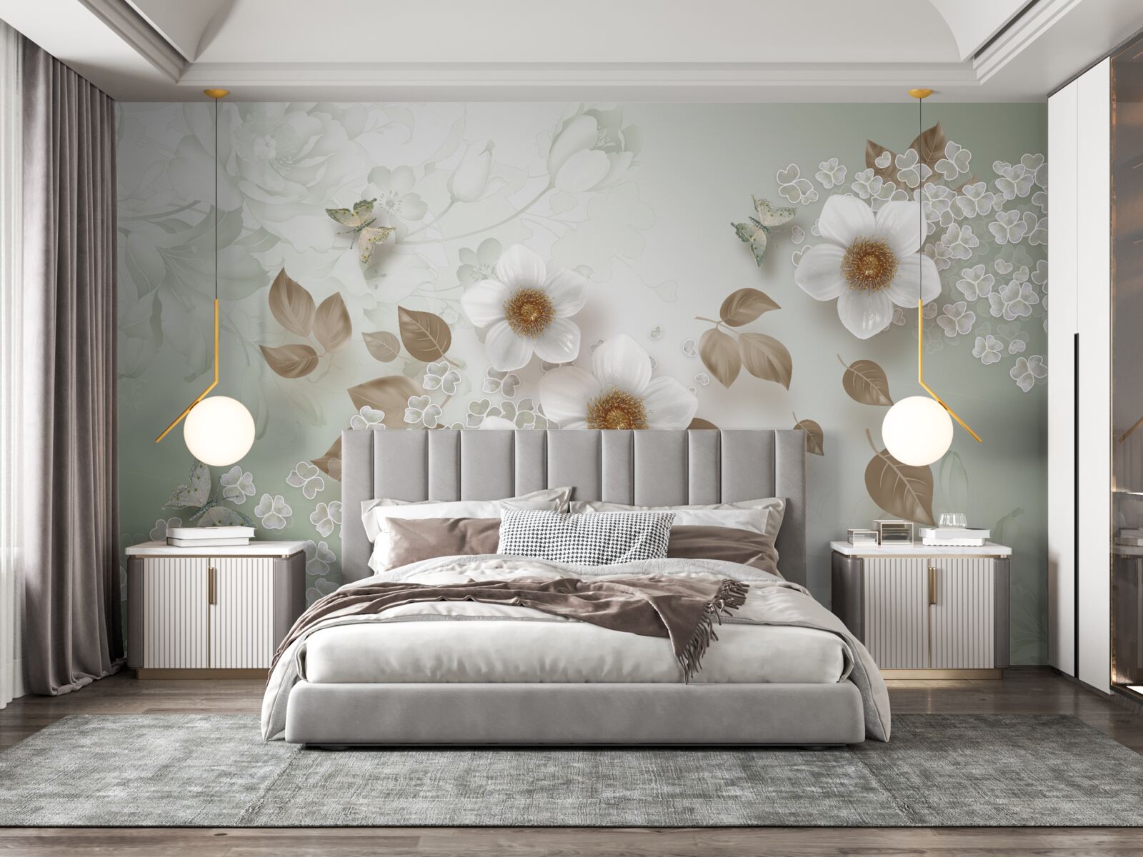 Фотошпалери білі квіти з великими бутонами та метеликами