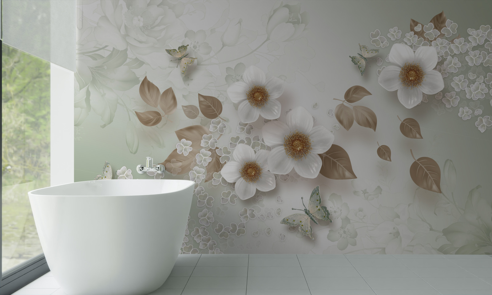 Фотошпалери білі квіти з великими бутонами та метеликами