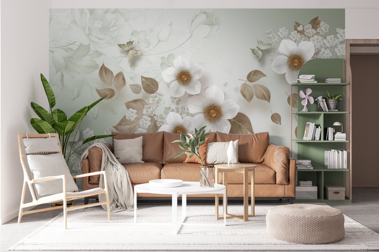 Фотошпалери білі квіти з великими бутонами та метеликами