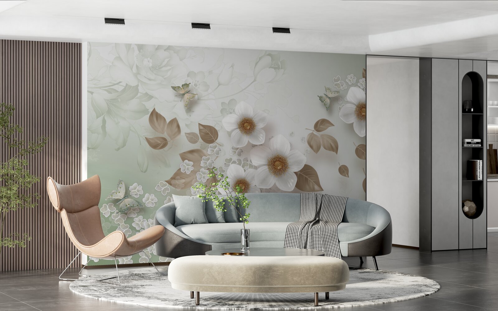 Фотошпалери білі квіти з великими бутонами та метеликами