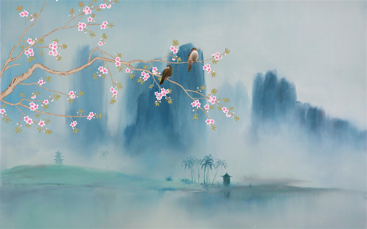 Фотошпалери над озером, вкритим туманом, розпускається вишневий цвіт