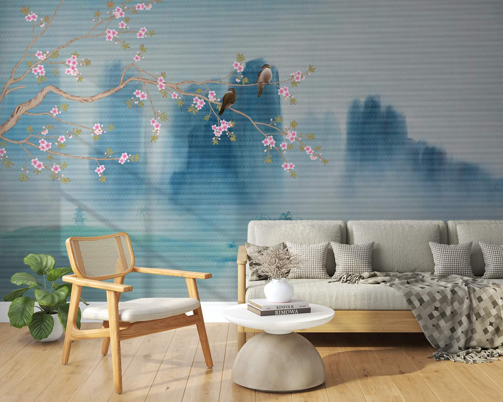 Фотошпалери над озером, вкритим туманом, розпускається вишневий цвіт