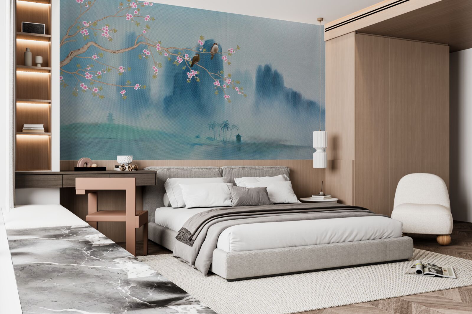 Фотошпалери над озером, вкритим туманом, розпускається вишневий цвіт