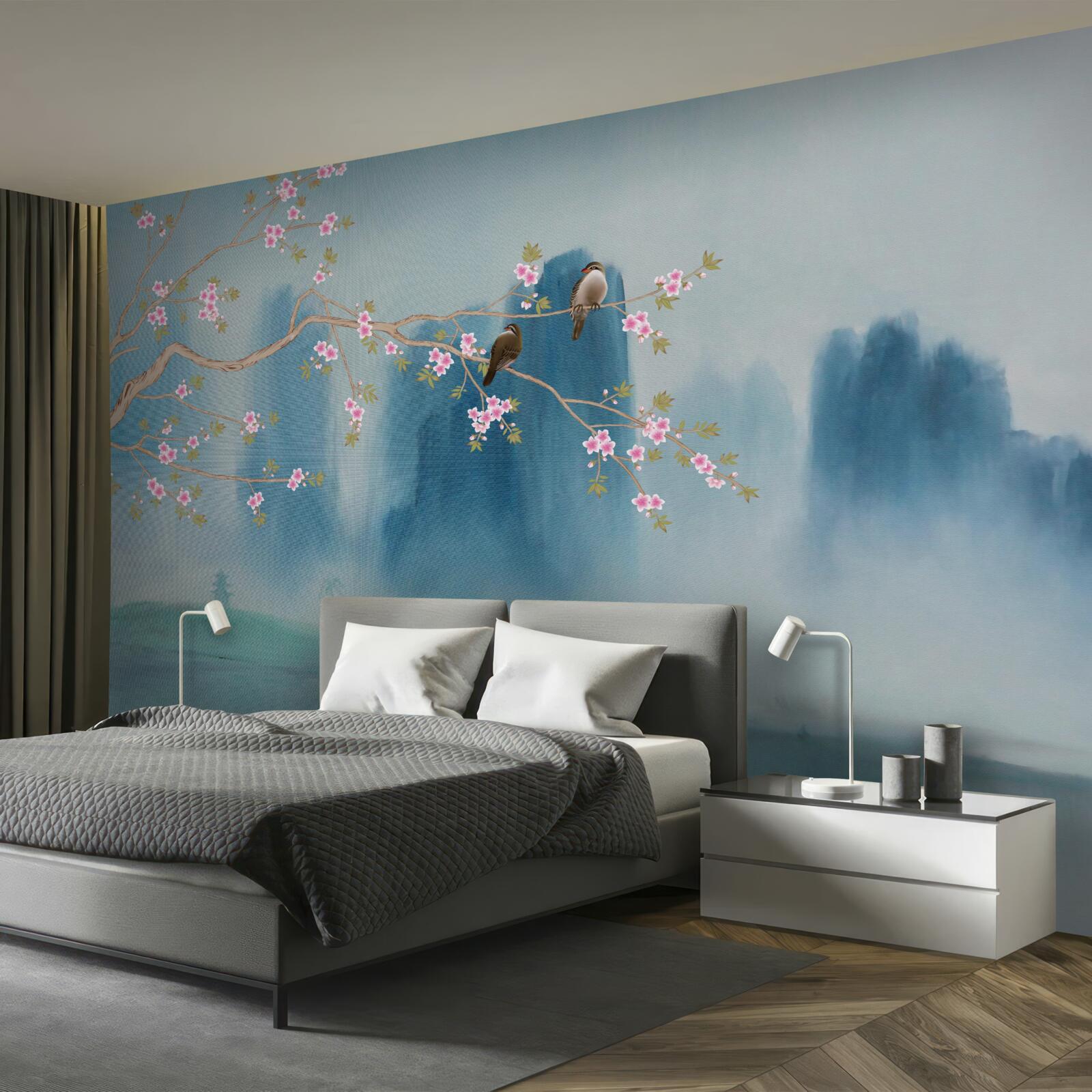 Фотошпалери над озером, вкритим туманом, розпускається вишневий цвіт