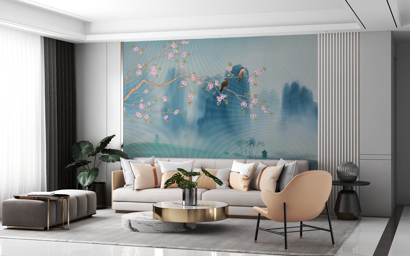 Фотошпалери над озером, вкритим туманом, розпускається вишневий цвіт