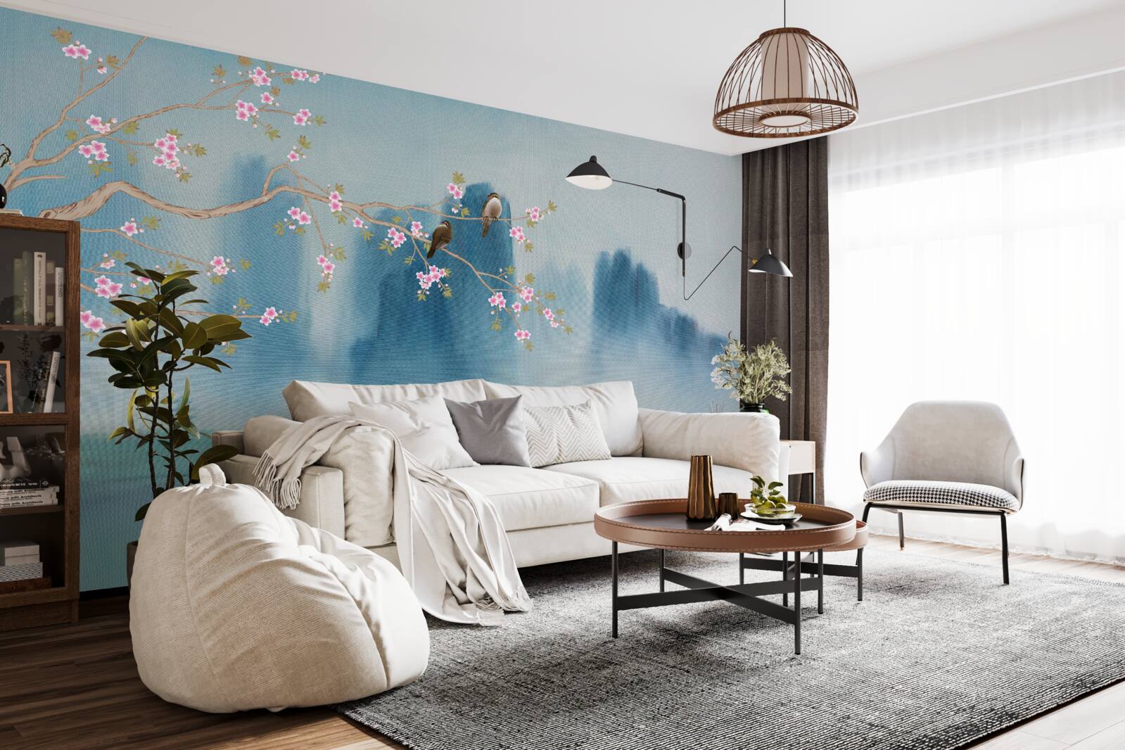 Фотошпалери над озером, вкритим туманом, розпускається вишневий цвіт