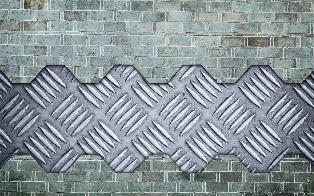 Фотошпалери цегляна стіна з алюмінієвими листами