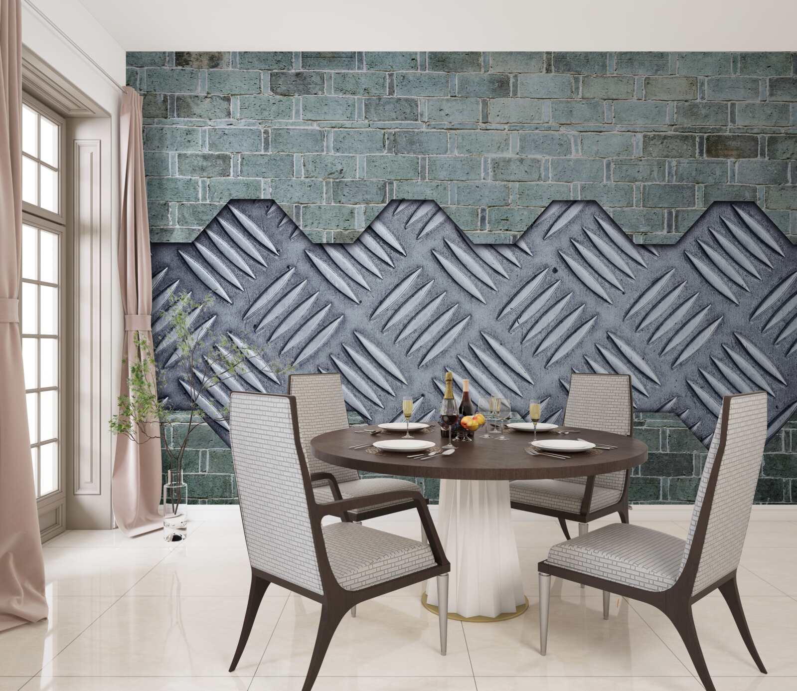 Фотошпалери цегляна стіна з алюмінієвими листами