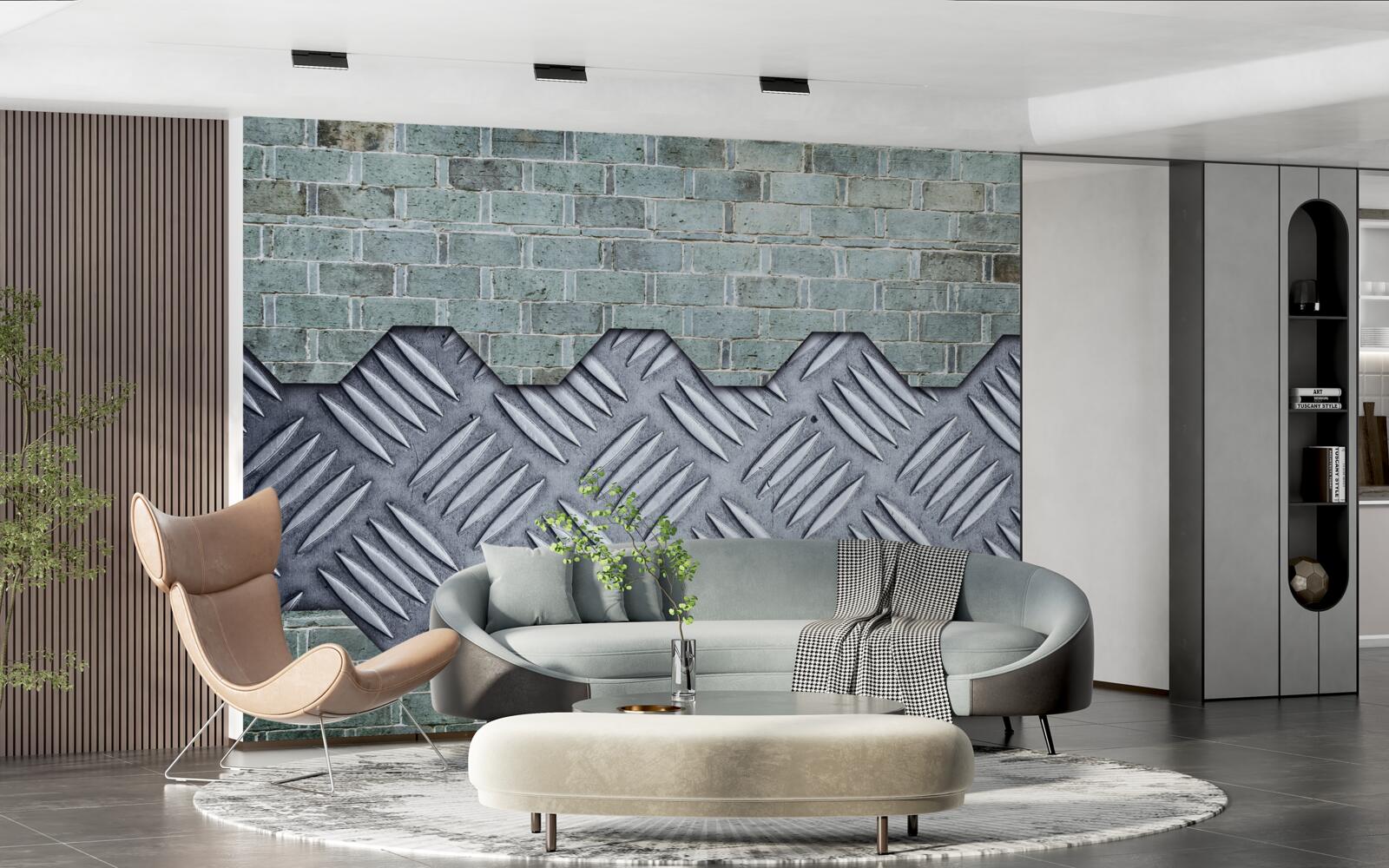 Фотошпалери цегляна стіна з алюмінієвими листами