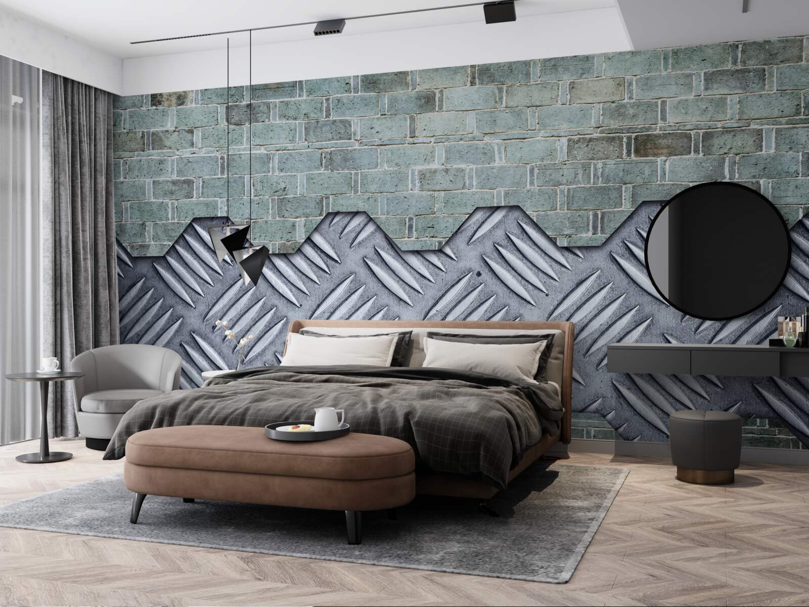 Фотошпалери цегляна стіна з алюмінієвими листами