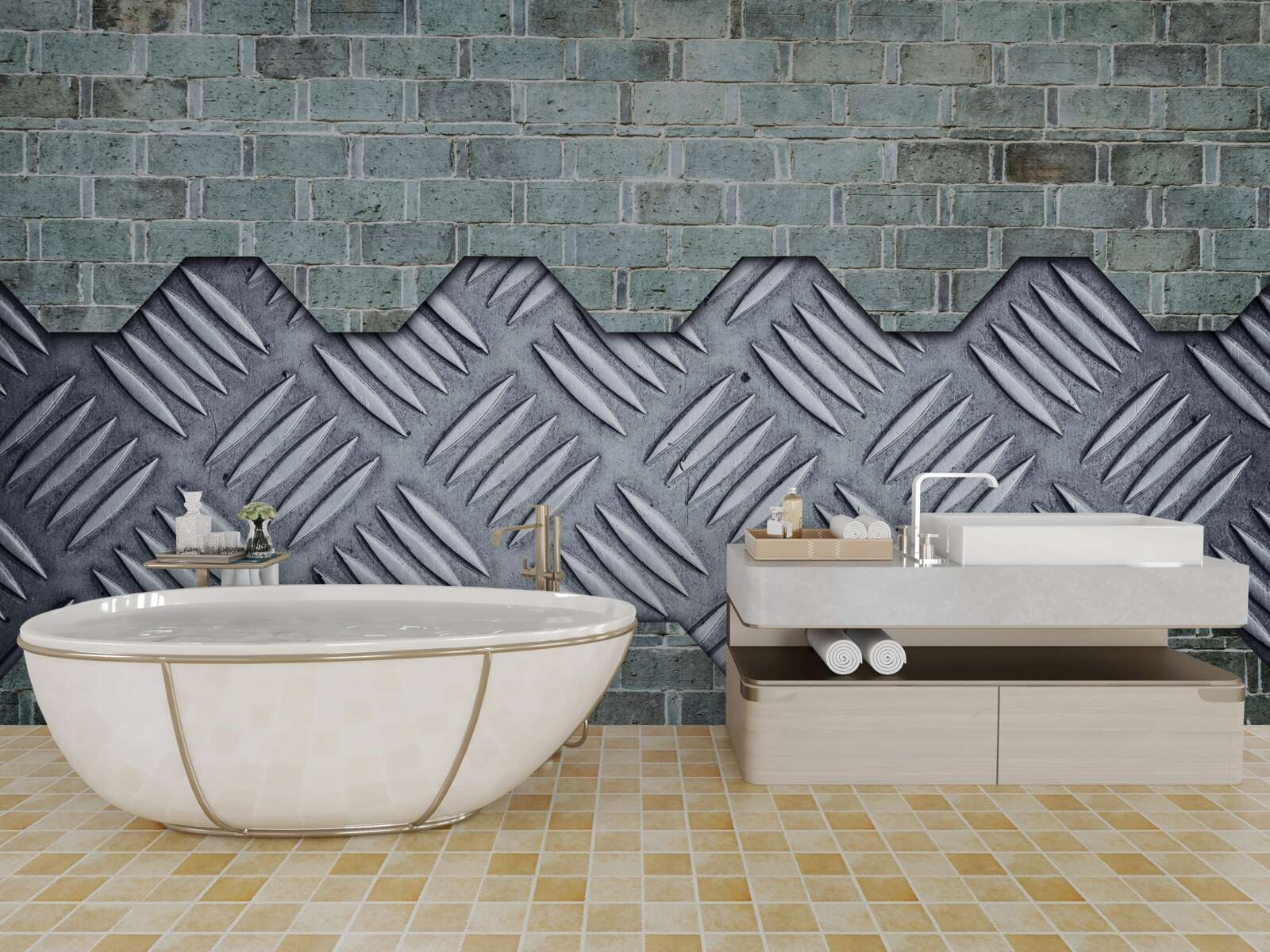 Фотошпалери цегляна стіна з алюмінієвими листами