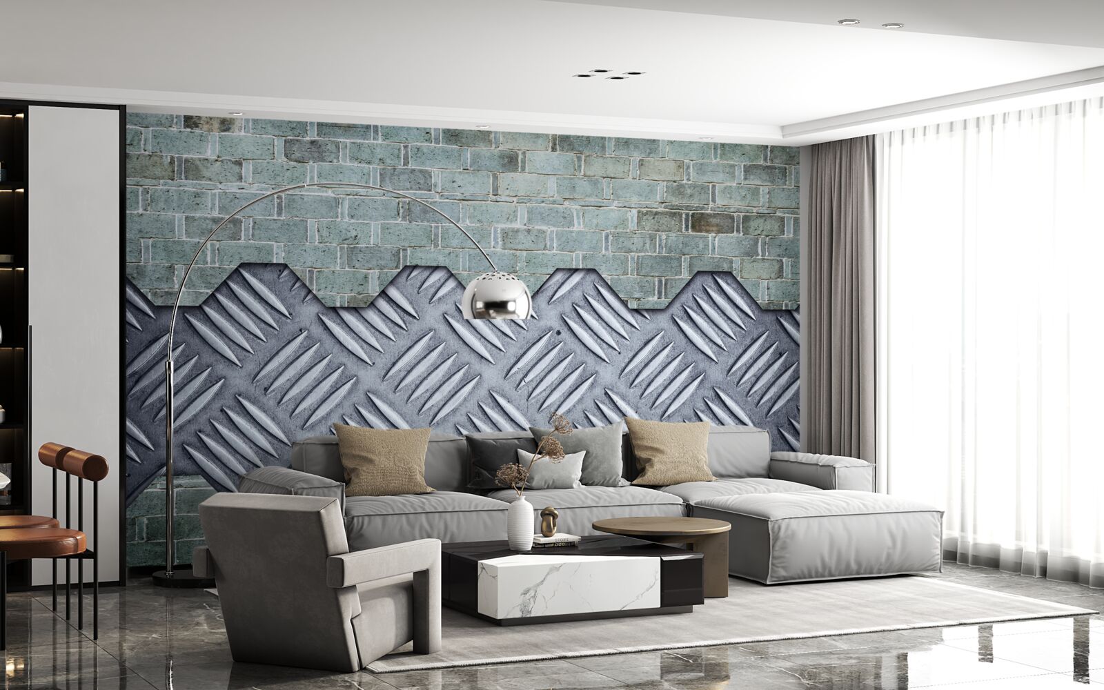 Фотошпалери цегляна стіна з алюмінієвими листами