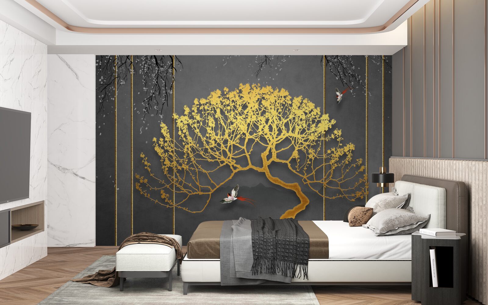 Фотошпалери силует дерева бонсай, що сяє золотом