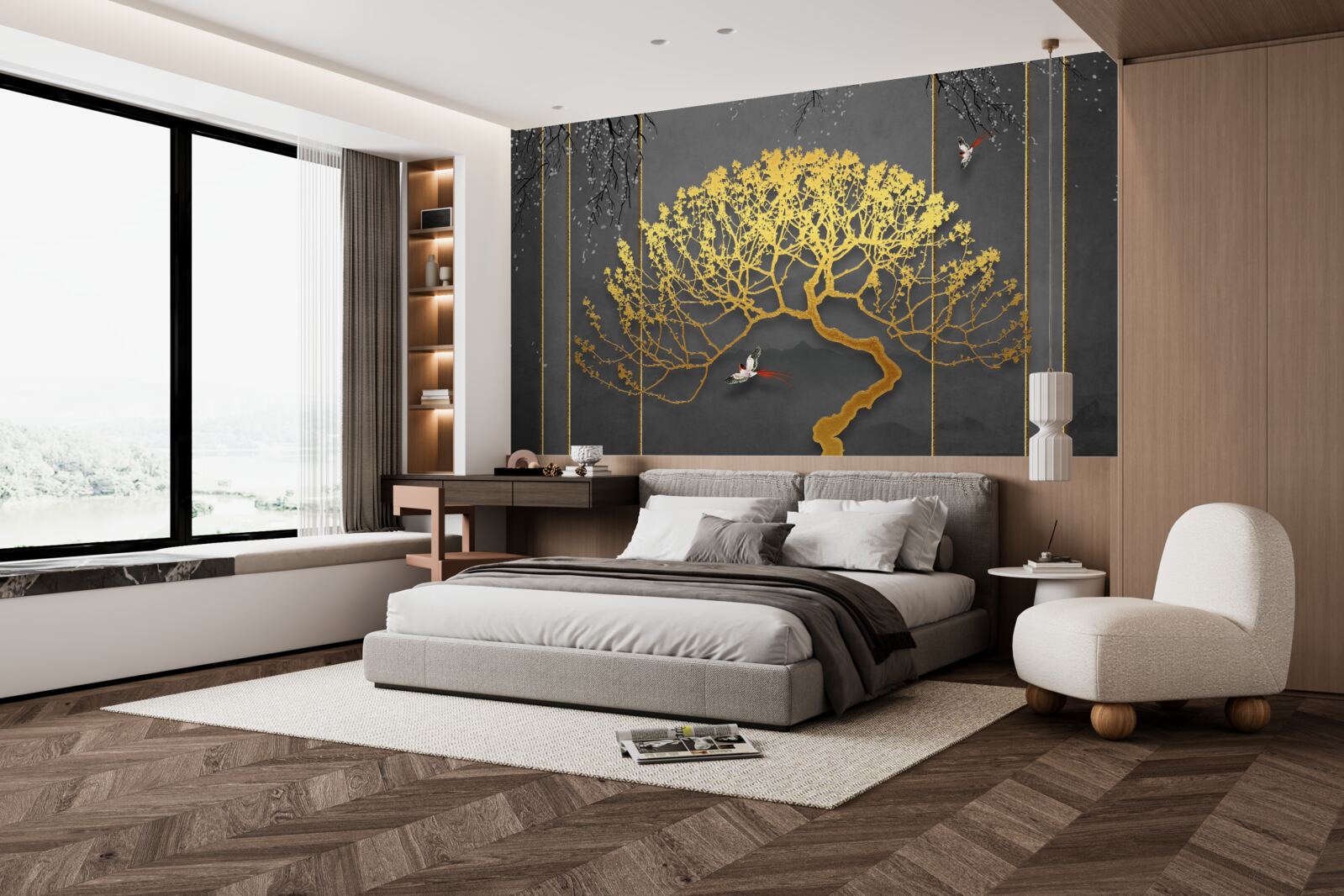 Фотошпалери силует дерева бонсай, що сяє золотом