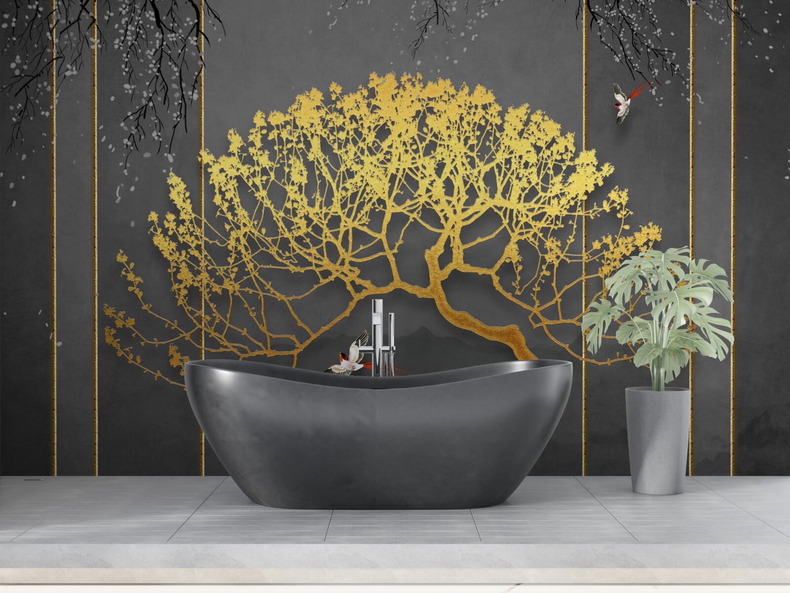 Фотошпалери силует дерева бонсай, що сяє золотом