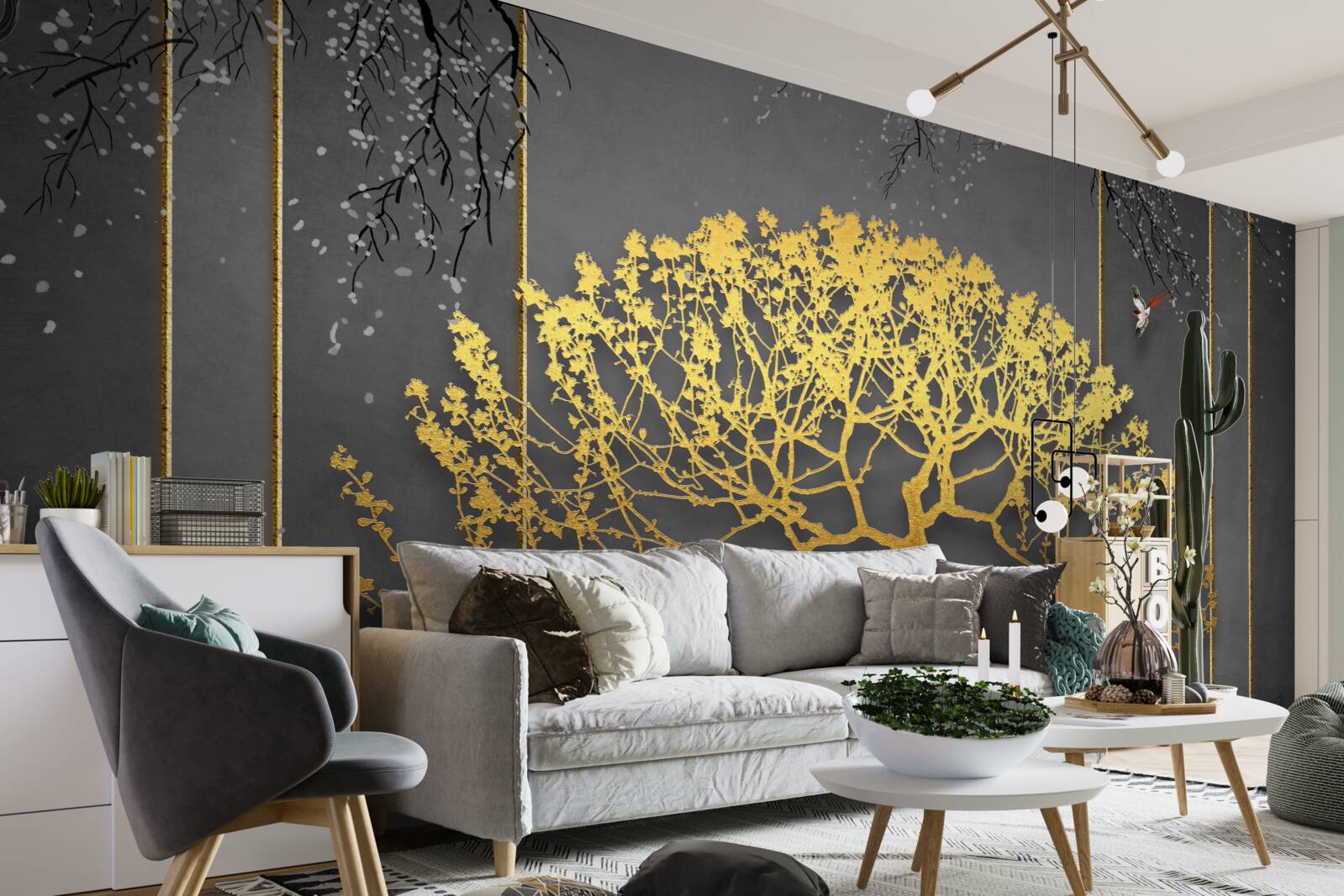 Фотошпалери силует дерева бонсай, що сяє золотом