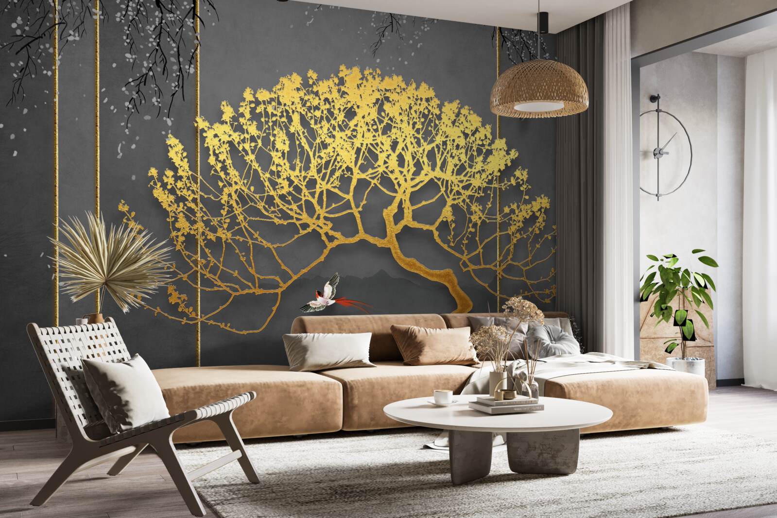 Фотошпалери силует дерева бонсай, що сяє золотом