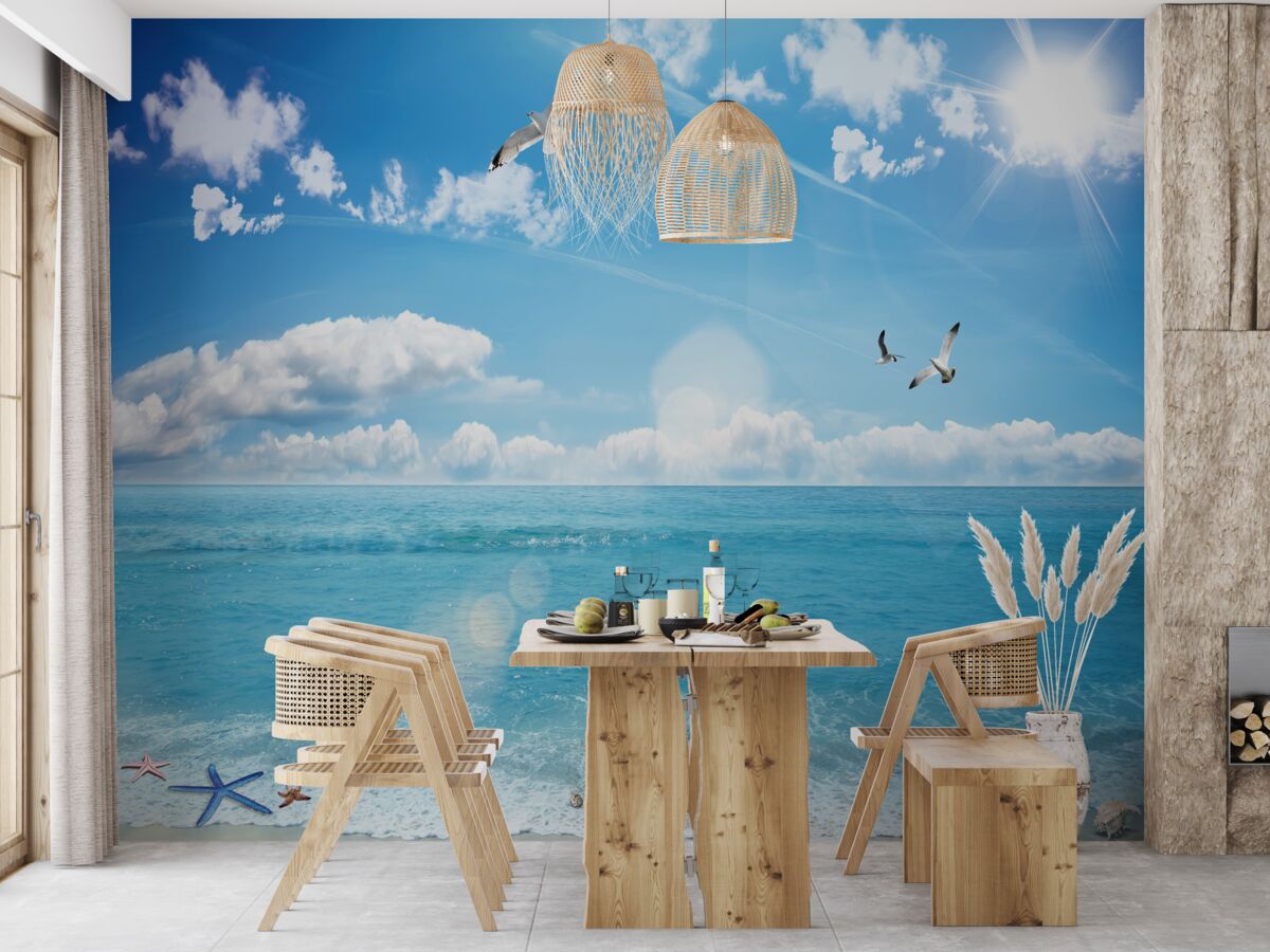 Фотошпалери чайки над синіми хвилями