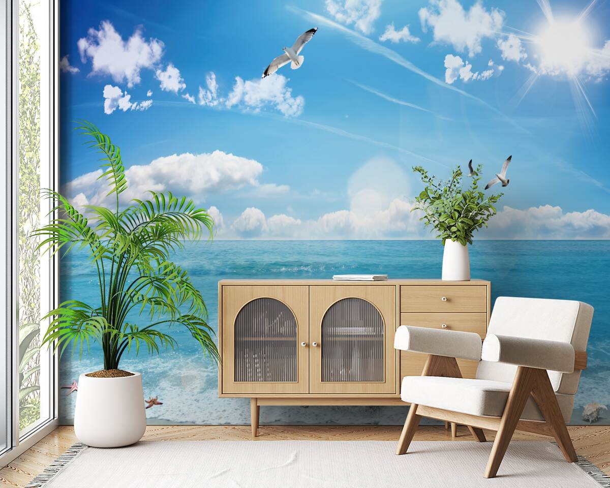 Фотошпалери чайки над синіми хвилями