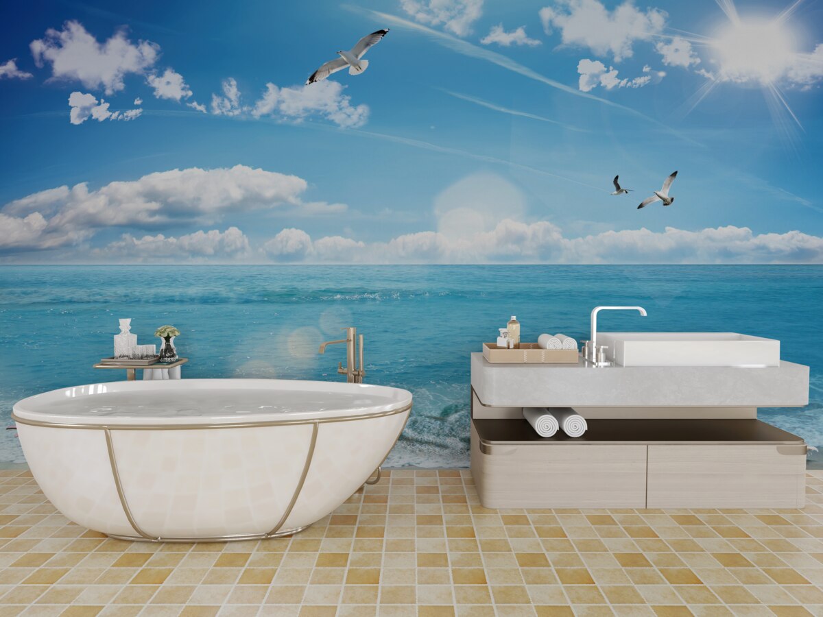 Фотошпалери чайки над синіми хвилями