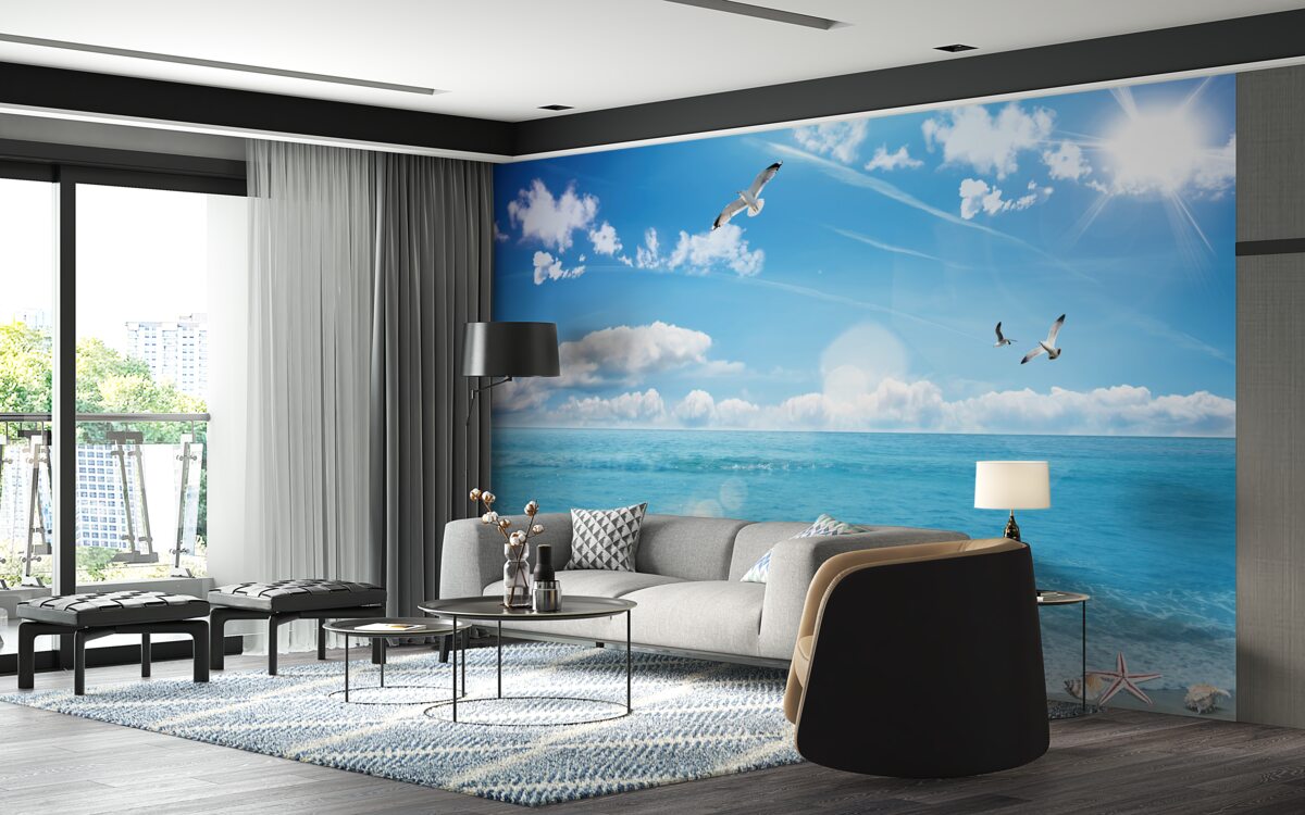 Фотошпалери чайки над синіми хвилями