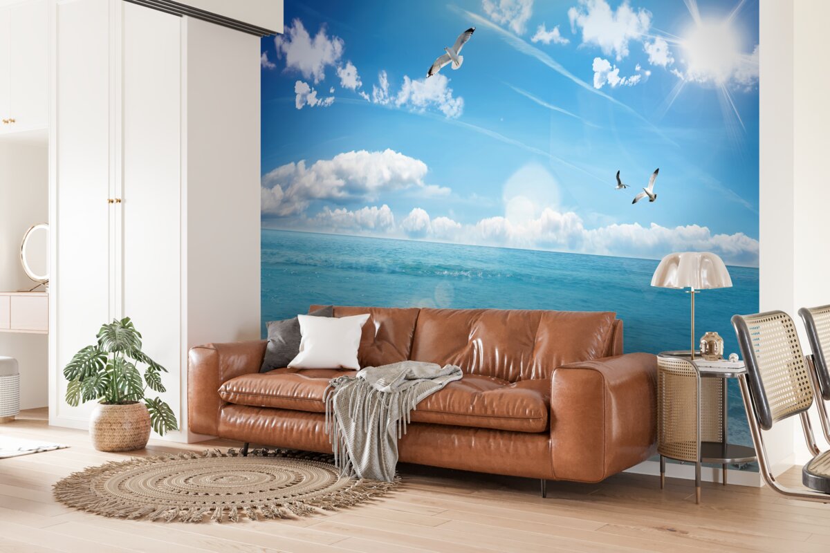 Фотошпалери чайки над синіми хвилями