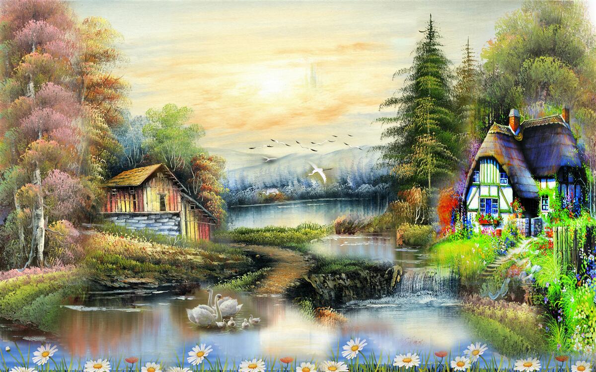 Фотошпалери чарівний будинок на березі озера в оточенні лісу