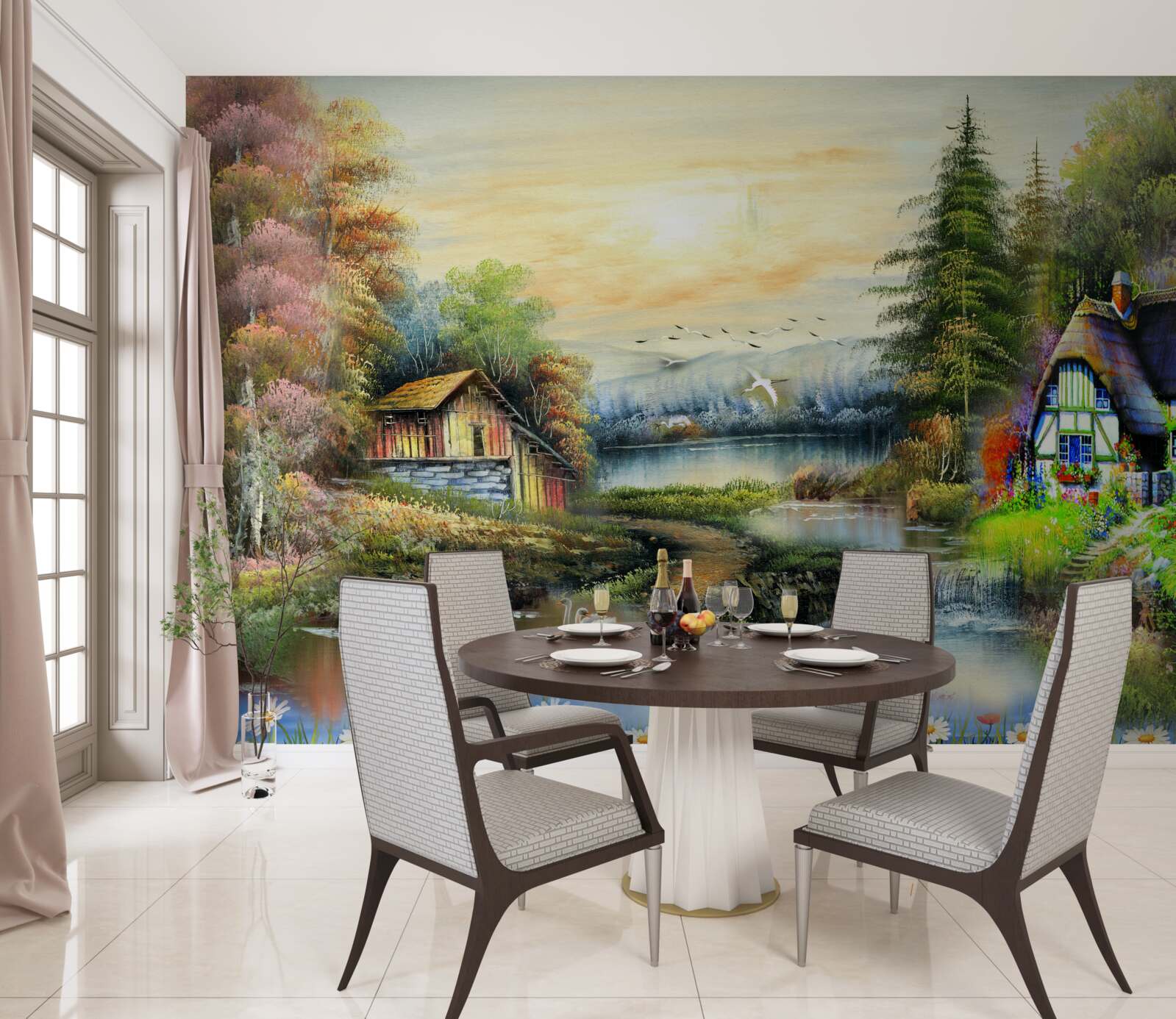 Фотошпалери чарівний будинок на березі озера в оточенні лісу