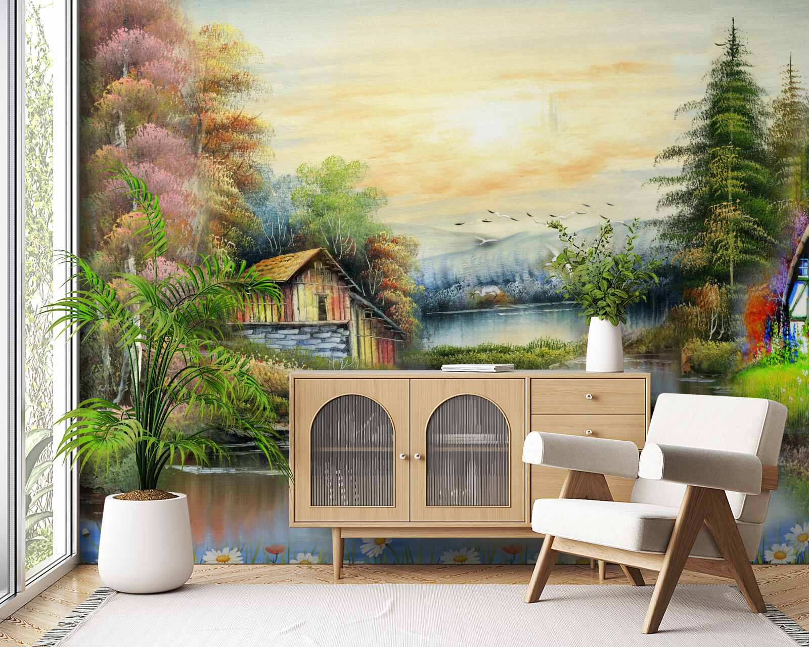 Фотошпалери чарівний будинок на березі озера в оточенні лісу