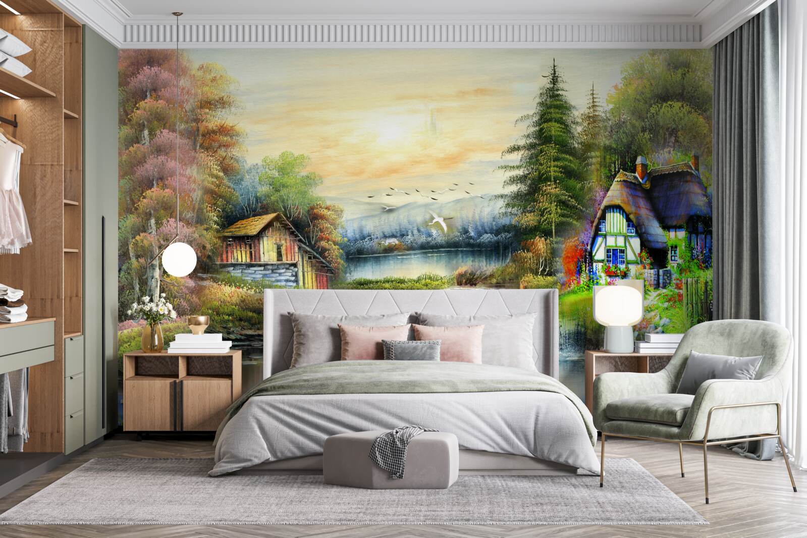 Фотошпалери чарівний будинок на березі озера в оточенні лісу