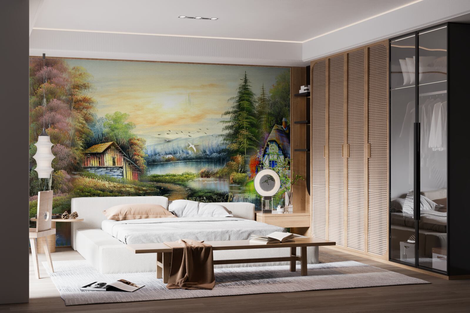 Фотошпалери чарівний будинок на березі озера в оточенні лісу