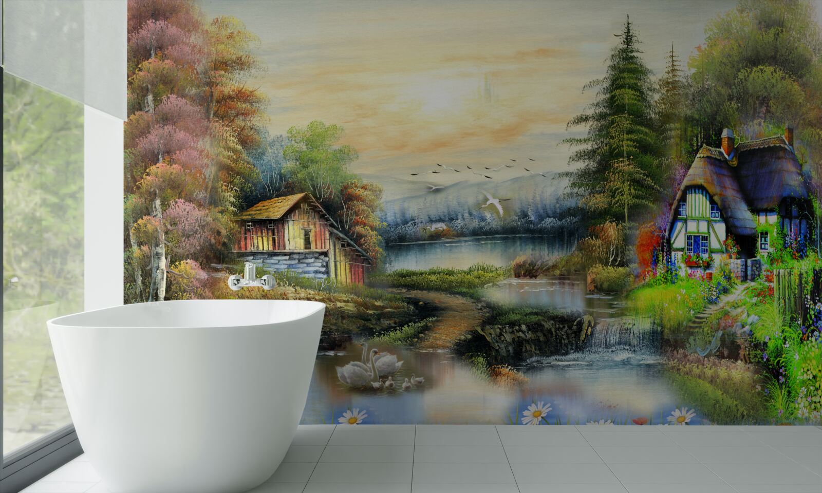 Фотошпалери чарівний будинок на березі озера в оточенні лісу